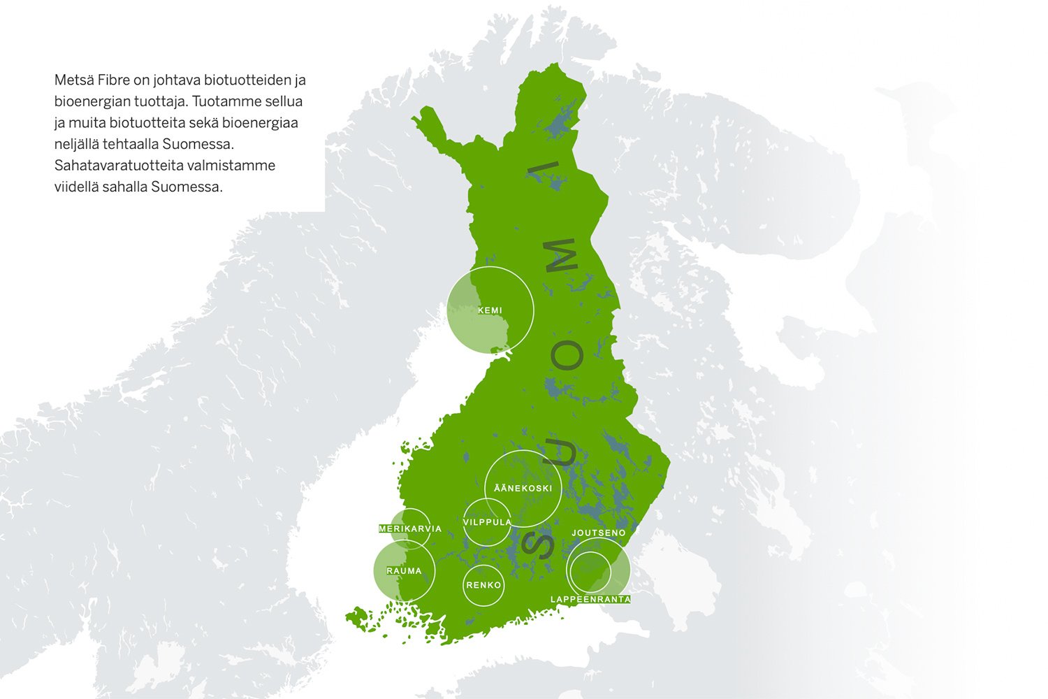 Suomen kartta, jossa ympyröity erilaisia paikkakuntia.